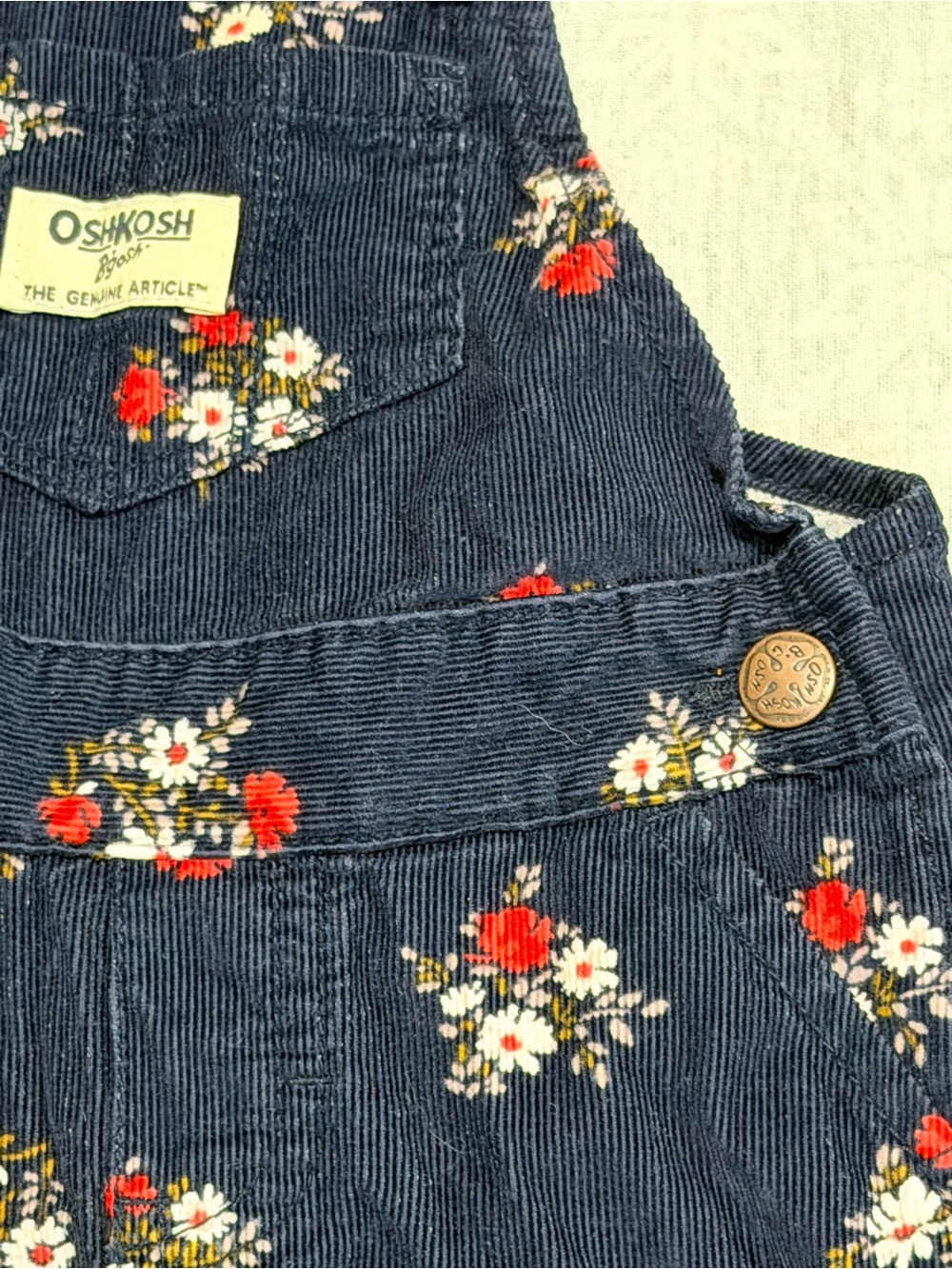 OshKosh B’gosh 9M Floral Corduroy Overalls Navy Snap Leg Baby Girls EUC - Picture 3 of 10